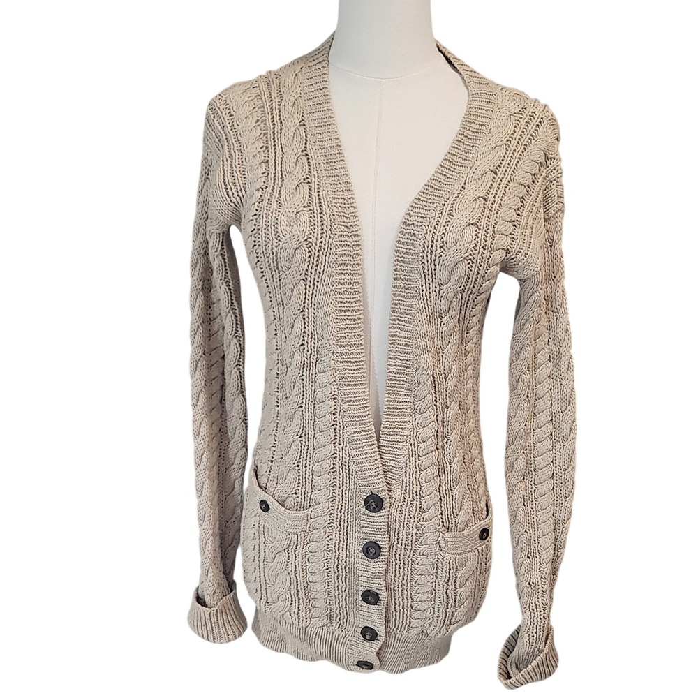 J.‎ Crew Cable Knit Cardigan Sweater Beige Cotton Nylon Button Front XS